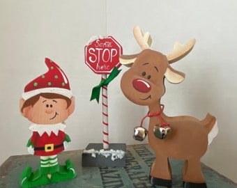 Hand Painted Christmas Tiered Tray Decor: Santa, Elf & Reindeer
