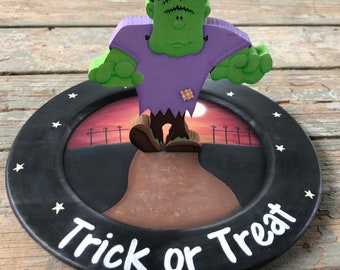 Halloween Candy Dish, Autumn Table Decor, Fall Centerpiece, Halloween Candy Bowl, Frankenstein, Halloween Decor, Trick or Treat