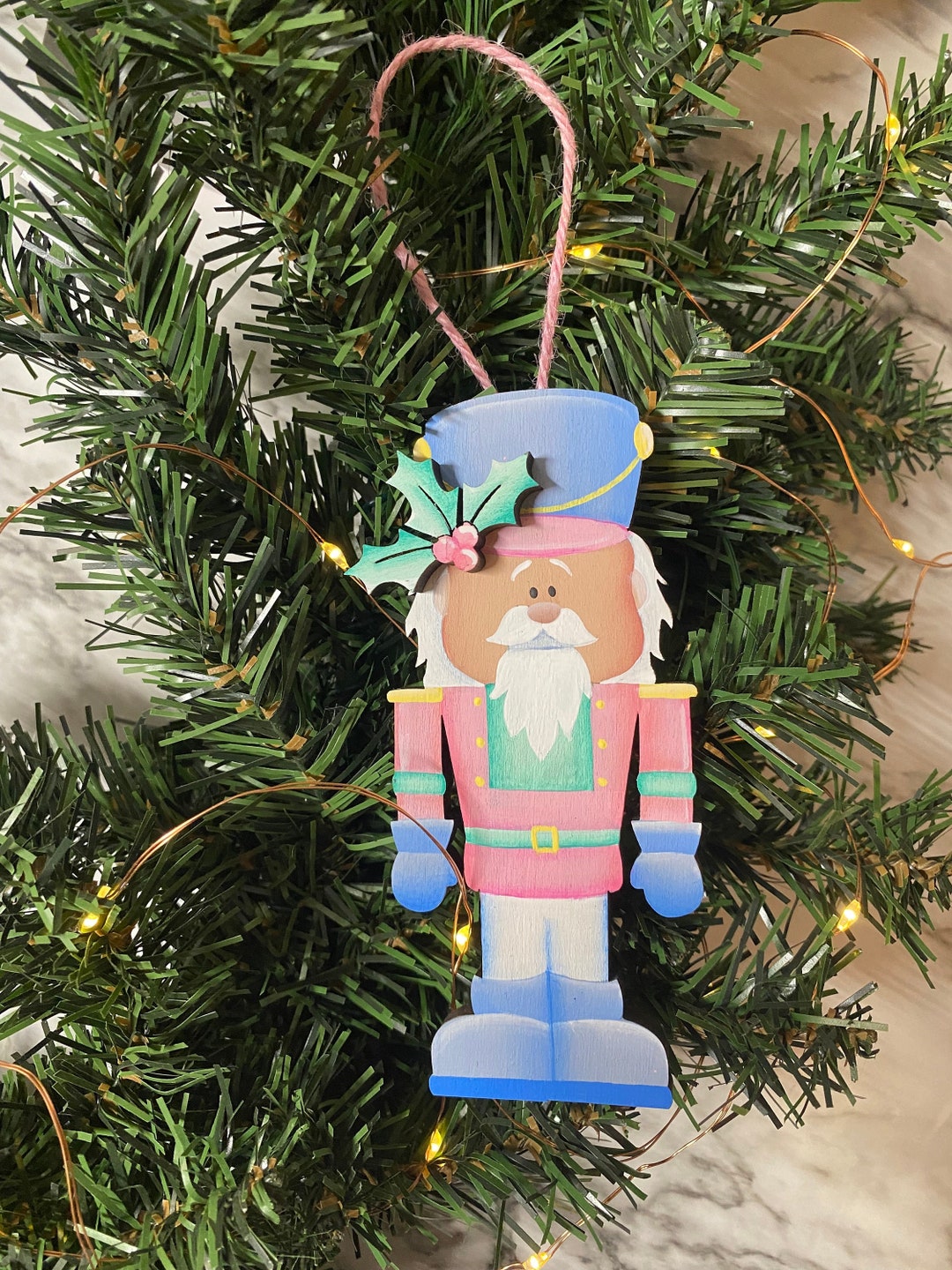 Pink Nutcracker Christmas Tree Ornament, Personalized Pastel Xmas Decor