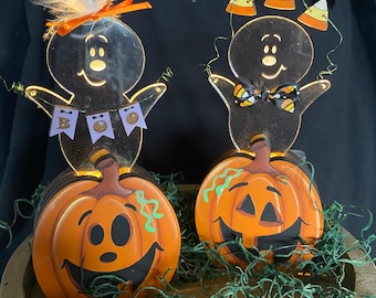 Halloween Tiered Tray Decor: Light-Up Ghost & Pumpkin Set