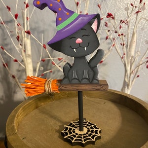 Hand Painted Halloween Black Cat Tiered Tray Decor: Witch Hat, Raffia Broom