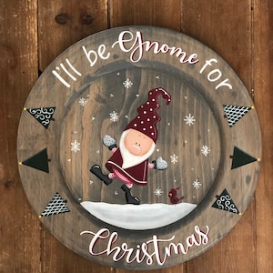 Hand Painted Christmas Gnome Wood Plate: Holiday Decor