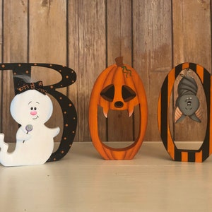 Hand Painted Halloween Tiered Tray Decor: Ghost, Pumpkin, Bat Mini Signs