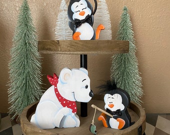 Hand Painted Penguin & Bear Winter Tiered Tray Decor