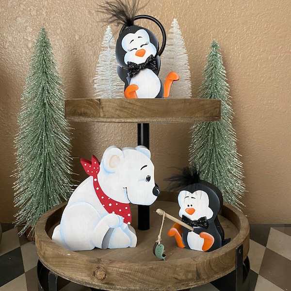 Hand Painted Penguin & Bear Winter Tiered Tray Decor