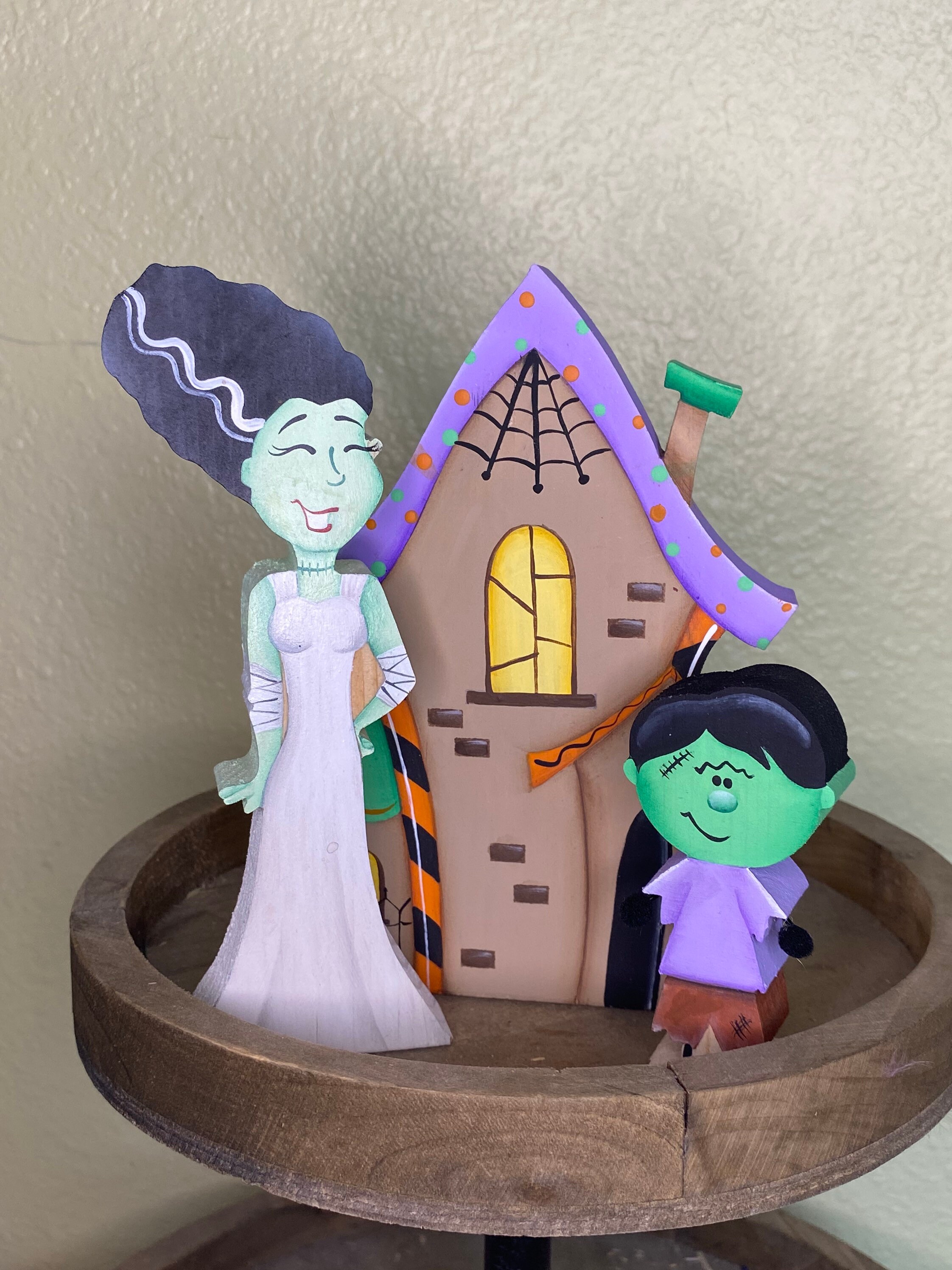Hand Painted Frankenstein Sign: Halloween Tiered Tray Decor