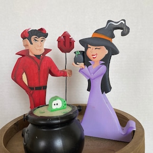 Halloween Tiered Tray Decor: Hand-Painted Witch, Devil & Cauldron Mini Signs