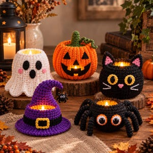 May include: A collection of five crocheted Halloween candle holders featuring a white ghost, an orange jack-o'-lantern, a black cat, a purple witch hat with a small spider, and a black spider, each designed to hold a small glowing candle.