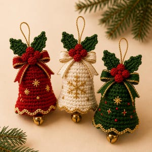 May include: Three crocheted bell ornaments in red, white, and dark green. Each bell features a gold hanging loop, a metallic jingle bell at the base, and a top decoration of crocheted holly leaves and berries with a ribbon bow and gold embroidery.