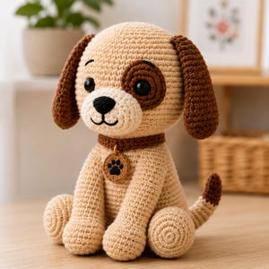 Puede incluir: Un perro de peluche tejido a ganchillo en color beige y marrón con ojos de plástico negro, nariz y boca bordadas en negro, y un collar marrón con una etiqueta circular que presenta un diseño de huella de pata en color negro.