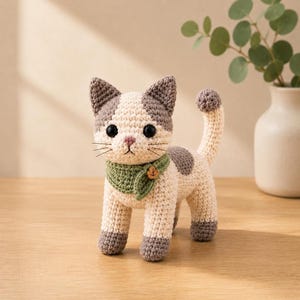 May include: A crocheted cat figurine featuring cream-coloured yarn with grey patches on the head, back, and paws. The cat has black plastic eyes, a pink stitched nose, and long whiskers. It wears a small green crocheted scarf with a wooden leaf button.