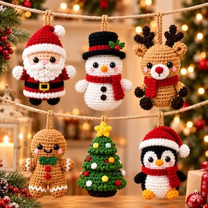 Christmas Crochet Pattern Ornament Bundle, Holiday Amigurumi Hanging Pattern,  6 Festive Characters (Digital Download)