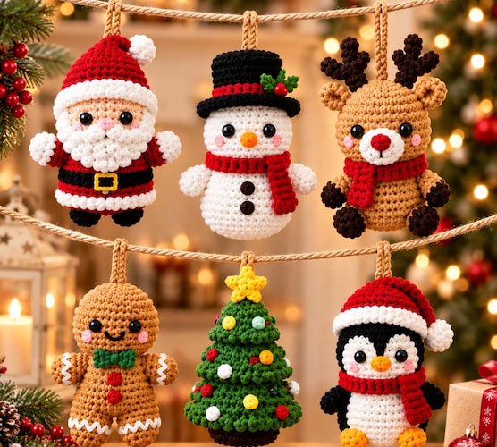 Christmas Crochet Pattern Ornament Bundle — 6 Festive Amigurumi Hanging Characters