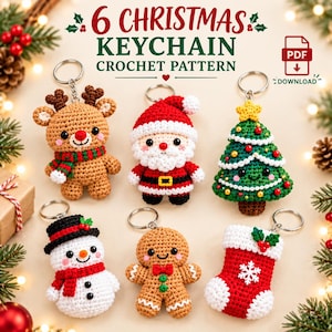 Weihnachtliches Häkelmuster-Set, 6-in-1 Amigurumi-Schlüsselanhänger (PDF), Sofort-Download