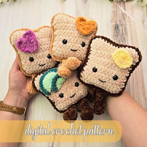 May include: Four plush crochet toast toys with smiling faces, black eyes, and pink cheeks. Each piece features a unique topping: a purple heart, an orange heart, green avocado slices, and a yellow butter pat. Text reads: digital crochet pattern.