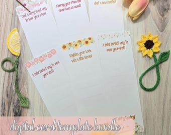 Puede incluir: Un conjunto de plantillas de tarjetas digitales blancas con bordes florales y frutales y citas inspiradoras. La imagen incluye marcadores de ganchillo con forma de limón y girasol, y el texto "digital card template bundle".
