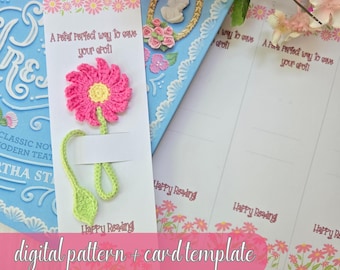 Pink Daisy Bookmark Bundle, Crochet Pattern and Printable Card Template, PDF Bookmark Pattern, Market Prep Set, Crochet Gift Packaging