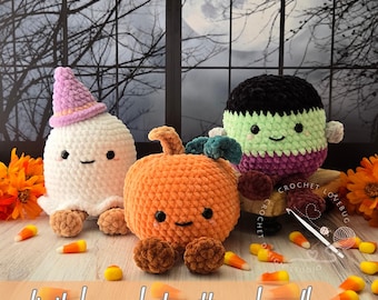 May include: Three crocheted plush toys including a white ghost wearing a lavender hat, an orange pumpkin with a green stem, and a green and purple monster with black hair. The text digital crochet pattern bundle is overlaid on the image.