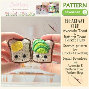 Crochet Toast Pattern, Crochet Breakfast Patterns, Amigurumi Pocket Hugs, Avocado Toast, Buttered Toast, Amigurumi Food Pattern