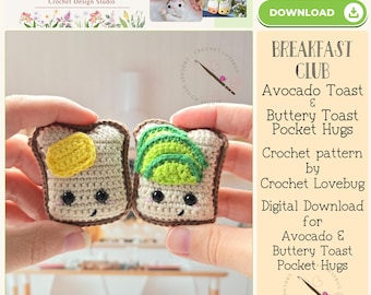 Patrón de tostada de crochet, patrones de desayuno de crochet, abrazos de bolsillo amigurumi, tostada de aguacate, tostada con mantequilla, patrón de comida amigurumi