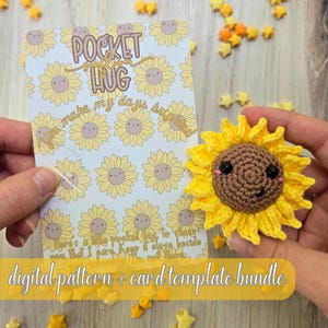 Lot Tournesol câlin avec poche, Modèle de câlin avec poche au crochet, Modèle de carte Câlin avec poche, Série plaisirs d'été, Tournesol au crochet, Préparation du marché