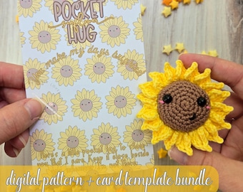 Sunflower Pocket Hug Bundle, Crochet Pattern and Card Template, Summer Fun Series, Amigurumi Flower