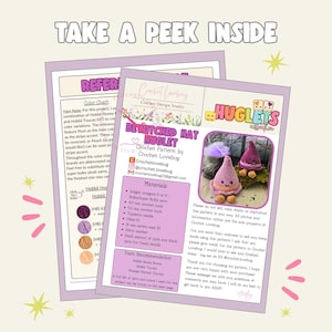 May include: A digital crochet pattern document titled Bewitched Hat Huglet by Crochet Lovebug, featuring a colour chart, material list with 4.0 mm and 5.0 mm hook sizes, yarn recommendations, and a photograph of two finished plush hat characters.