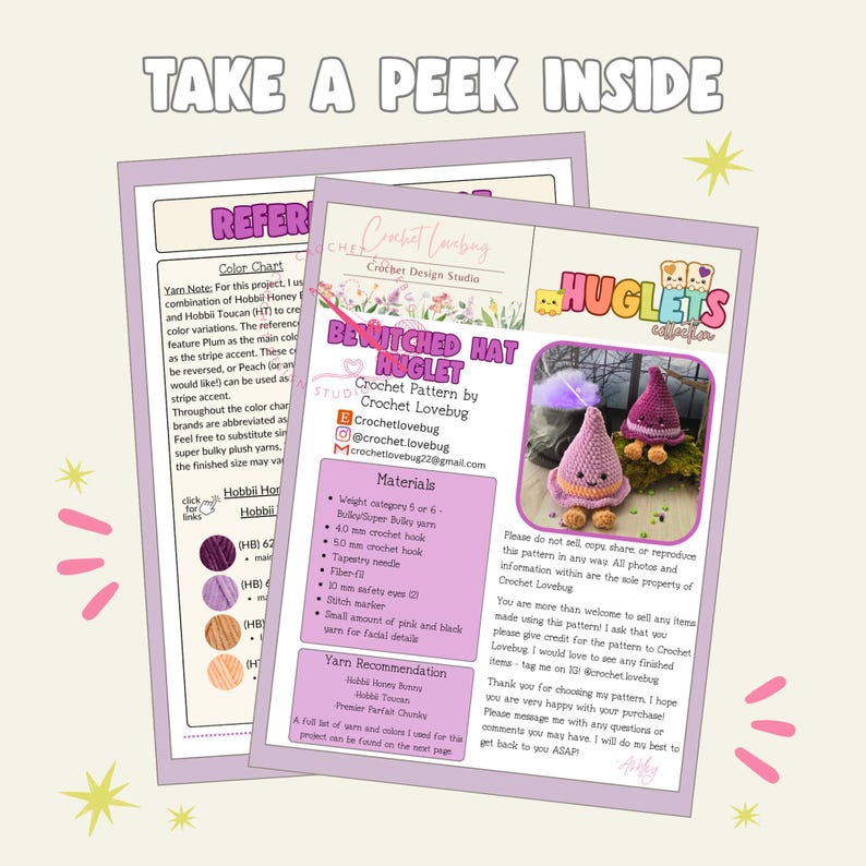 May include: A digital crochet pattern document titled Bewitched Hat Huglet by Crochet Lovebug, featuring a colour chart, material list with 4.0 mm and 5.0 mm hook sizes, yarn recommendations, and a photograph of two finished plush hat characters.