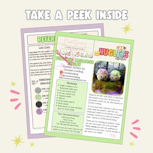 Op de afbeelding: Een digitaal haakpatroondocument getiteld Bubbling Cauldron Huglet door Crochet Lovebug. De pagina bevat een kleurenkaart, een materiaallijst inclusief 4,0 mm en 5,0 mm haaknaalden, en een foto van twee kleine gehaakte ketels met roze en groen schuim.