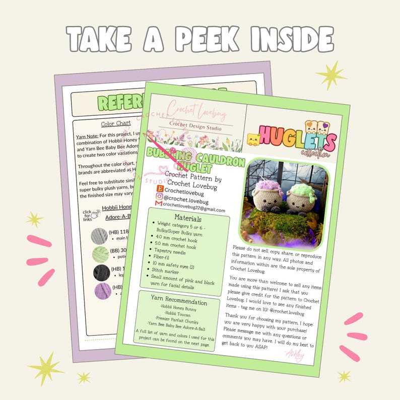 Op de afbeelding: Een digitaal haakpatroondocument getiteld Bubbling Cauldron Huglet door Crochet Lovebug. De pagina bevat een kleurenkaart, een materiaallijst inclusief 4,0 mm en 5,0 mm haaknaalden, en een foto van twee kleine gehaakte ketels met roze en groen schuim.