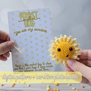Lot Câlin avec poche soleil, Modèle de câlin avec poche au crochet, Modèle de carte Câlin avec poche, Série plaisirs d'été, Soleil au crochet, Préparation du marché