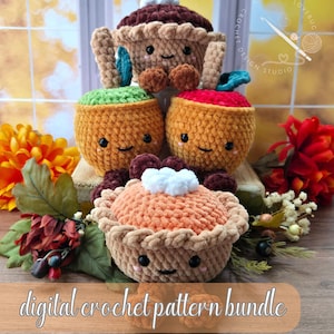 May include: Four plush crochet toys shaped like pies and apples with smiling faces, black eyes, and pink cheeks. The items feature textured yarn in brown, orange, green, and red. Text on the image reads: Crochet Lovebug Design Studio and digital crochet pattern bundle.