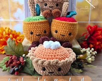 May include: Four plush crochet toys shaped like pies and apples with smiling faces, black eyes, and pink cheeks. The items feature textured yarn in brown, orange, green, and red. Text on the image reads: Crochet Lovebug Design Studio and digital crochet pattern bundle.
