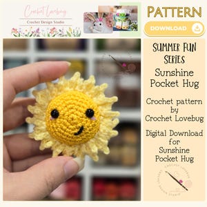Crochet Sunshine Pattern, Sun Pocket Hug, Crochet Summer Fun Patterns, Summer Pocket Hugs, Amigurumi Sunshine, Easy Crochet Pattern