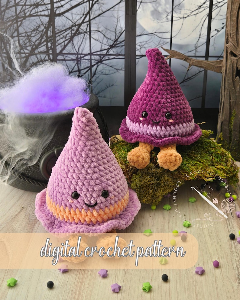 May include: Two plush crochet figures shaped like pointed hats with smiling faces and small tan feet. One figure is light purple with an orange band, and the other is dark purple with a lighter purple band. Text reads digital crochet pattern.
