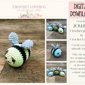 May include: Crochet pattern for a Zom-Bee, a cute undead bee with green and black stripes, red eyes, and gray wings. The pattern is by Crochet Lovebug.  Crochet your own adorable Zom-bee! This cute undead bee would make the perfect Halloween gift or decoration. Works up fast, make a whole zom-bee army!