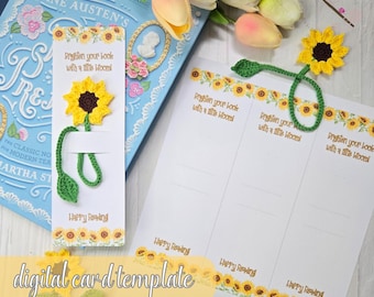 Puede incluir: Un marcapáginas de girasol de ganchillo con tallo y hoja verdes, junto a una plantilla de tarjeta digital. El marcapáginas es amarillo y marrón, con el texto "Brighten your book with a little bloom!" y "Happy Reading". Un libro está en el fondo.