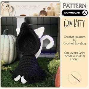 Schema gatto all’uncinetto, Grim Reaper, gatto all’uncinetto, modello spettrale all’uncinetto, lil grim reaper, Halloween Grim Reaper all’uncinetto
