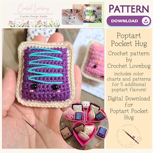 May include: A crocheted purple poptart with teal frosting and a smiling face is held in a hand. The poptart is part of a crochet pattern by Crochet Lovebug, which includes color charts and patterns for five additional poptart flavors. The pattern is a digital download.