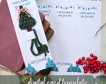 Puede incluir: Un marcapáginas de árbol de Navidad verde tejido a mano con un lazo rojo y blanco, adjunto a una tarjeta blanca con el texto "A merry marker to save your spot!". La imagen también incluye una plantilla de tarjeta digital.