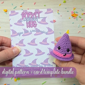 May include: A crocheted purple witch hat with a pink brim and smiling face is held next to a card with witch hat illustrations and the text "Pocket with hat hug". The card also says "You are spell-tacular!" and "digital pattern + card template bundle".