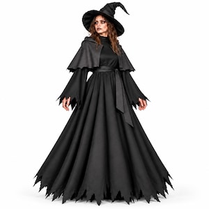 May include: A floor-length black dress with long flared sleeves and a jagged hemline. The outfit includes a matching hooded capelet that drapes over the shoulders and a pointed witch hat with a wide brim, all in a solid black fabric.