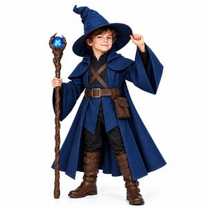 May include: A blue wizard costume featuring a wide-brimmed pointed hat, a long coat with wide sleeves, a brown belt with a pouch, and dark trousers. The outfit is paired with brown buckled boots and a tall, twisted brown staff topped with a blue orb.