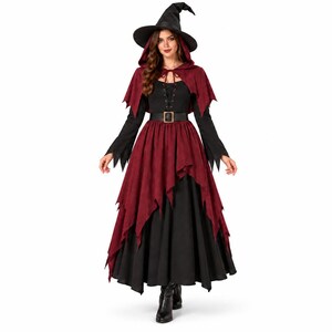 May include: A black and deep red witch costume featuring a long-sleeved black dress with a lace-up bodice, a jagged-hem burgundy overskirt, a matching hooded capelet, a black belt with a gold buckle, and a pointed black witch hat with a wide brim.