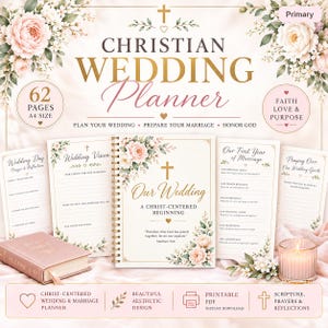 May include: A Christian wedding planner with 62 pages in A4 size, featuring floral illustrations, a gold cross, and the text Our Wedding A Christ-Centered Beginning. The planner includes sections for wedding vision, marriage, and prayer.
