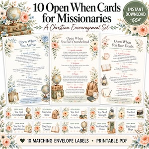 May include: A set of 10 printable Open When cards for missionaries featuring floral borders, vintage globes, suitcases, and lanterns. The cards include text prompts for various emotional states, accompanied by matching envelope labels in a PDF format.