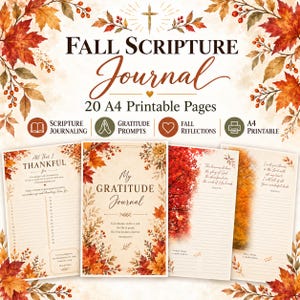 Pode incluir: Uma coleção digital de 20 páginas imprimíveis A4 intitulada Fall Scripture Journal, com bordas de folhas de outono, bagas e uma cruz. As páginas incluem sugestões de gratidão, seções de diário bíblico e reflexões com áreas de escrita.