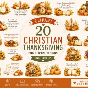 Könnte beinhalten: Eine digitale Sammlung von 20 christlichen Thanksgiving PNG-Clipart-Designs mit Aquarellillustrationen von Kürbissen, Sonnenblumen, offenen Bibeln, Kreuzen, Kirchen, Füllhörnern und niedlichen Figuren mit religiösen Texten und Bibelversen.
