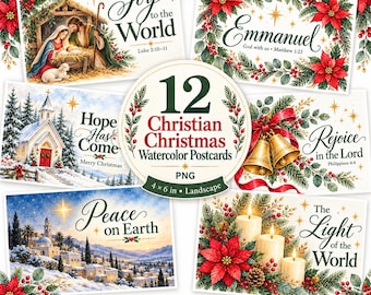 May include: A collection of 12 Christian Christmas watercolour postcards featuring festive designs including a nativity scene, poinsettias, a snowy church, gold bells, a Bethlehem landscape, and candles with the text 12 Christian Christmas Watercolour Postcards.