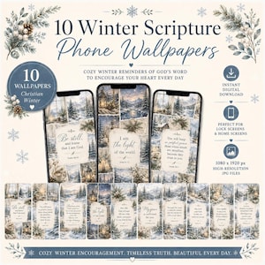 May include: A digital collection of 10 winter scripture phone wallpapers featuring snowy landscapes, pine trees, and lanterns. Each wallpaper displays a unique Bible verse in elegant typography. The set includes 1080 x 1920 px high-resolution JPG files.